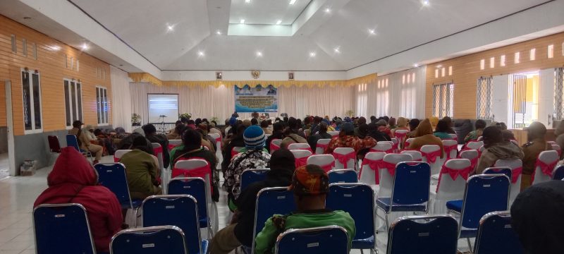 Ibu Frits Bukega sedang memberikan materi tentang pendidikan dan keterampilan keluarga di kegiatan Sosialisasi Indeks Desa di Kabupaten Deiyai, Tahun Anggaran 2025.