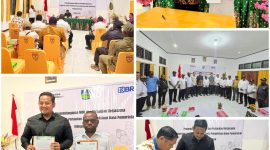 Bupati Deiyai Melkianus Mote, ST, bersama Pimpinan BRI Cabang Nabire Mohamad Arief Nur Pratama, usai penandatanganan MOU.