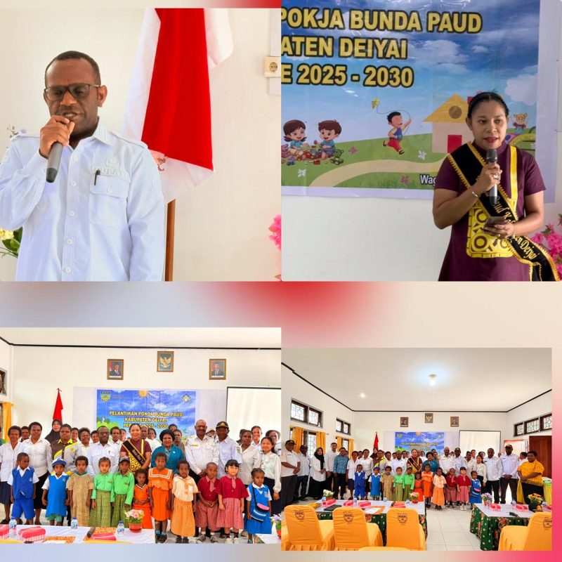 Bupati Deiyai, Melkianus Mote (tengah), didampingi Ketua Umum Bunda PAUD Kabupaten Deiyai, Ny. Fransina Rumbiak Mote, S.KM (kanan), saat acara pelantikan Pokja Bunda PAUD periode 2025-2030 di Setda Deiyai, Rabu (8/10/2025). 
