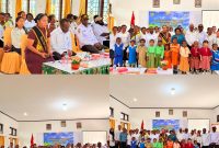 Bupati Deiyai, Melkianus Mote (tengah), didampingi Ketua Umum Bunda PAUD Kabupaten Deiyai, Ny. Fransina Rumbiak Mote, S.KM (kanan), saat acara pelantikan Pokja Bunda PAUD periode 2025-2030 di Setda Deiyai, Rabu (8/10/2025). 