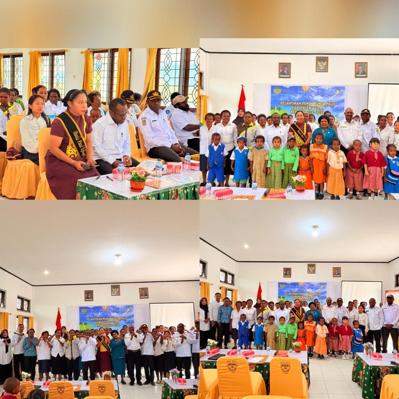 Bupati Deiyai, Melkianus Mote (tengah), didampingi Ketua Umum Bunda PAUD Kabupaten Deiyai, Ny. Fransina Rumbiak Mote, S.KM (kanan), saat acara pelantikan Pokja Bunda PAUD periode 2025-2030 di Setda Deiyai, Rabu (8/10/2025). 