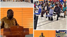 Asisten II Pemkab Deiyai, Mesak Pakage, S.Sos, (tengah, membuka) secara resmi acara Sosialisasi Standar Teknis Penyediaan dan Rehabilitasi Rumah di Aula Sekwan DPRD Deiyai, Selasa (28/10/2025).