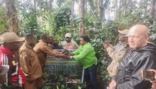 Kepala Dinas Pertanian Kabupaten Deiyai Aleks Pigai (kanan) bersama perwakilan Dinas Pertanian Provinsi, Ibu Maya (tengah), menyerahkan 6.400 bibit kopi secara simbolis kepada Bupati Deiyai Melkianus Mote (kiri).
